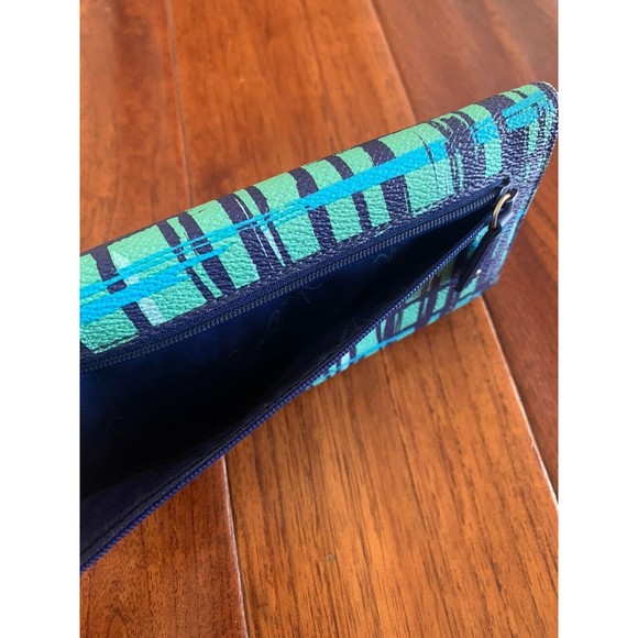 Vera Bradley Large Trifold Wallet Teal/Navy Blue Art Plaid Organizer Clutch - Picture 6 of 10